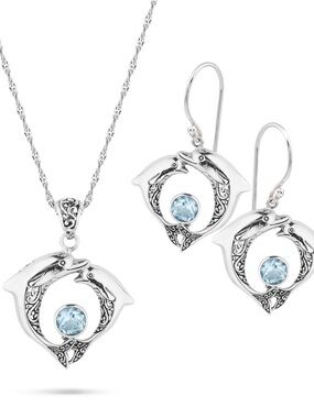 Sterling Silver Dolphin Necklace and Earrings Set with Blue Topaz Accent